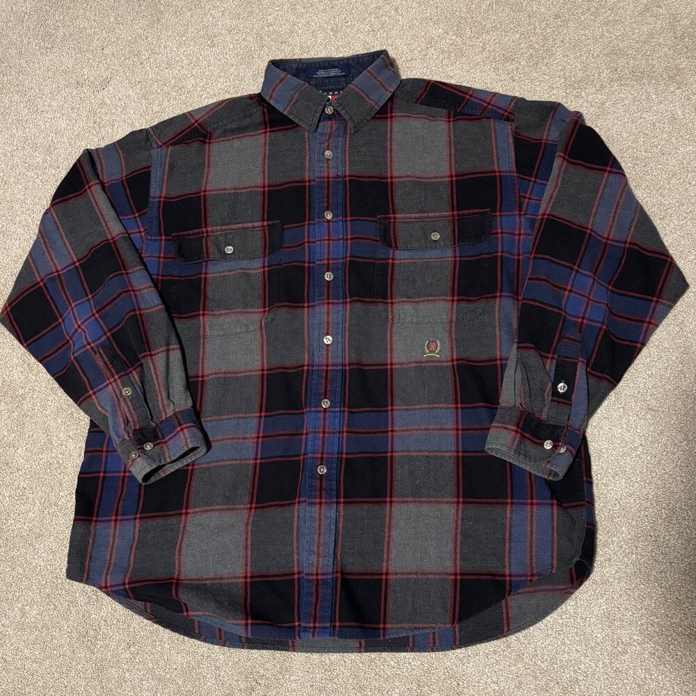 VTG 90s Tommy Hilfiger Mens Crest Embroidered Flannel Button Down Shirt, Sz L